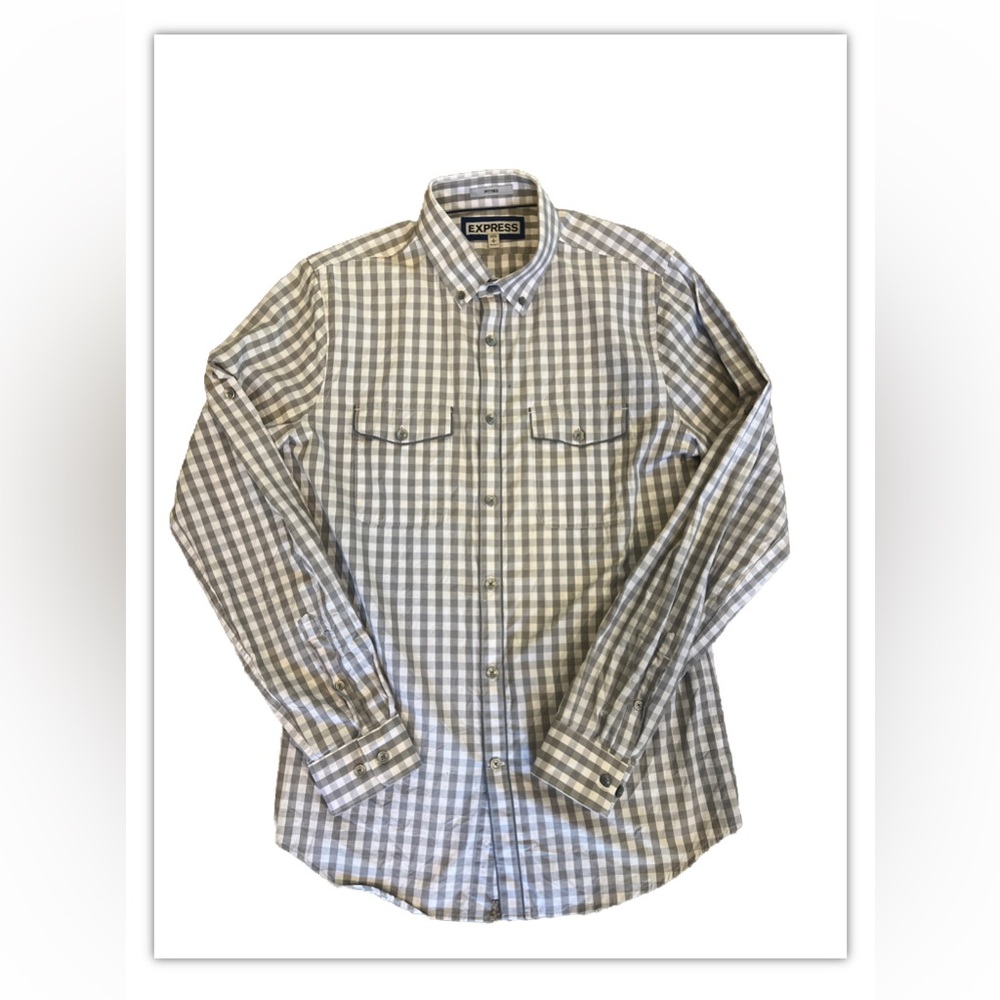 EXPRESS Shirt Mens Small Fitted Button Up Plaid Long Sleeve Fitted Gray White